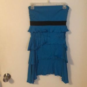 Blue dress with black detail and ruffles